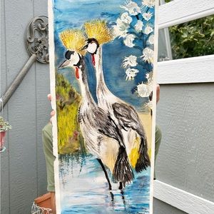 Original Watercolor Painting African Crowned Crane Signed 22.5” X 10.25” Art